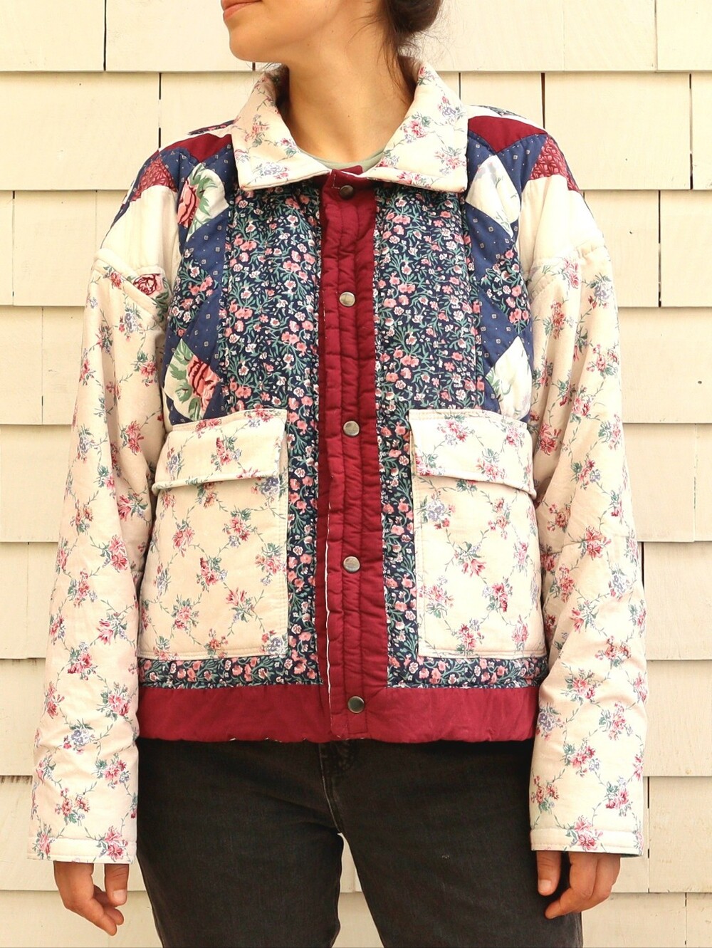 Upcycled Patchwork Quilt Coat Cream Burgundy Navy Floral L • XL